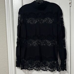 Valentino Black Lace Inset Mock Neck Long Sleeve Top